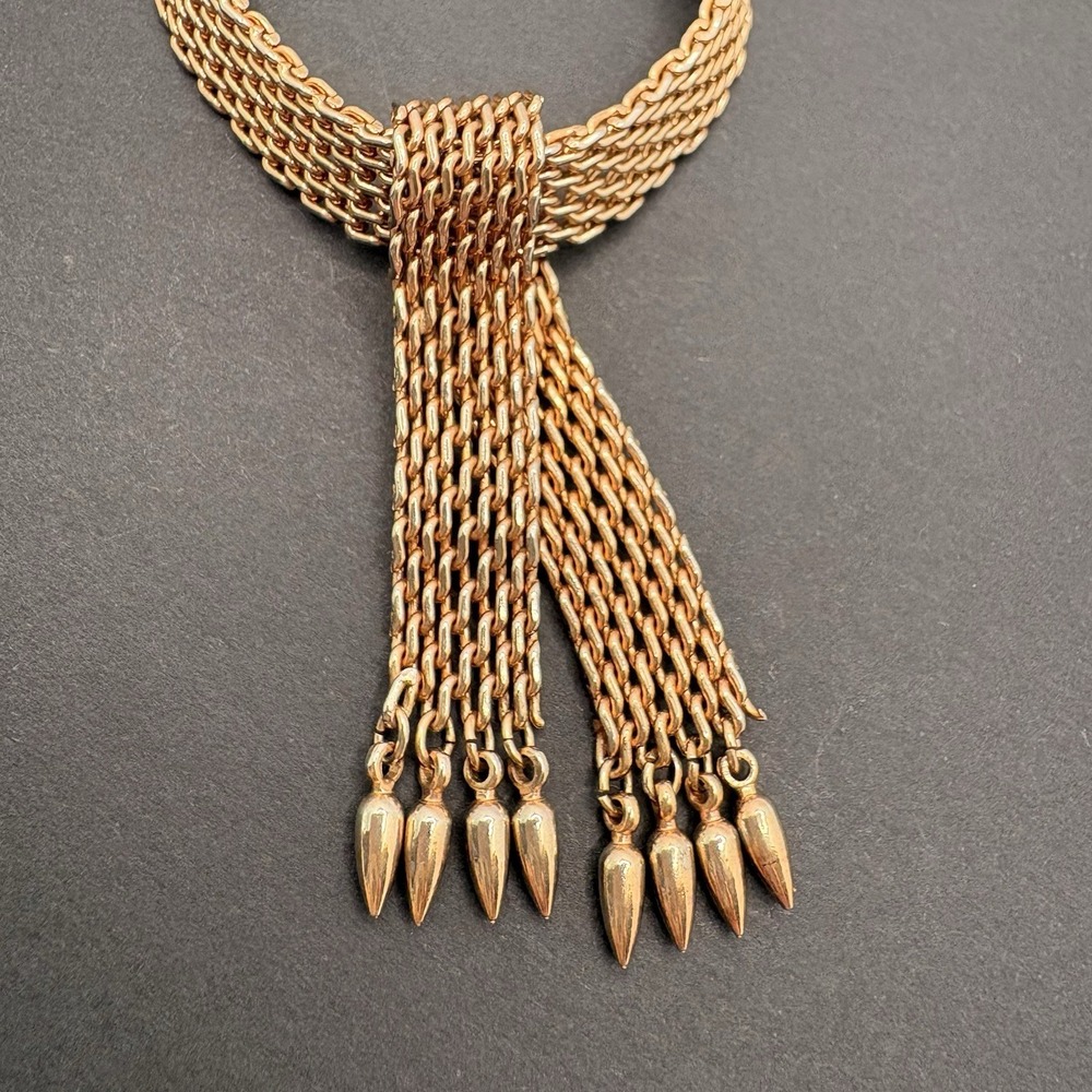 Vintage Woven Gold Tone Mesh Tie Collar Choker Necklace Tassel Drop Spike Fringe - Picture 2 of 4